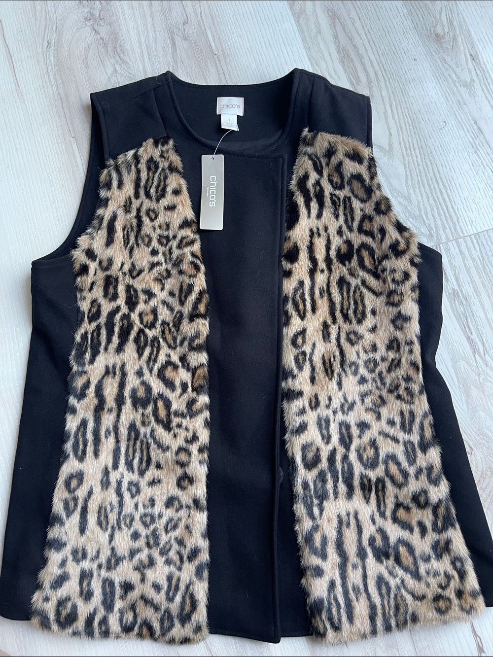 Chico's Black Vest with Leopard Faux Fur Panels